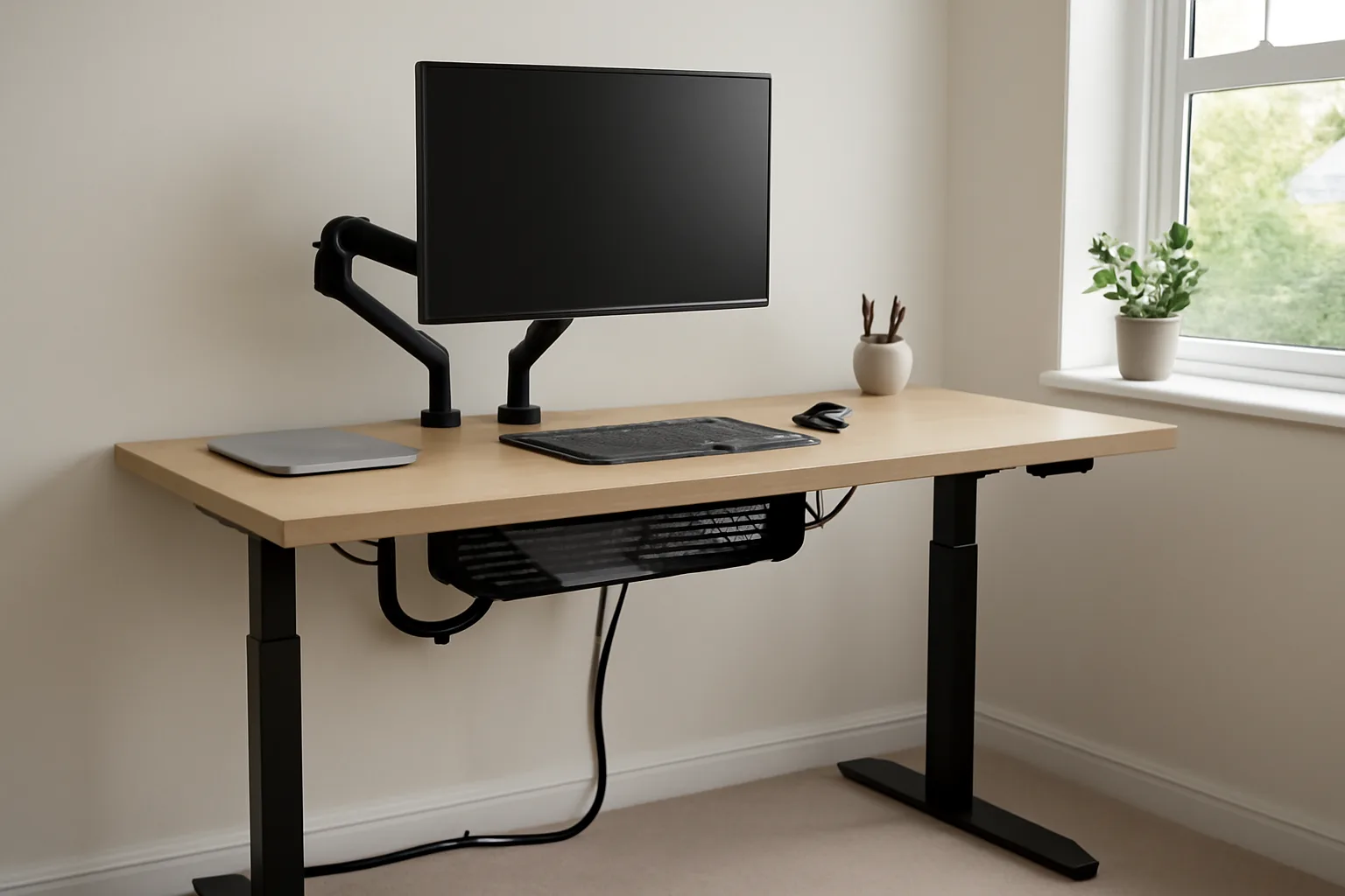 Standing desk with monitor arm and tidy cable management