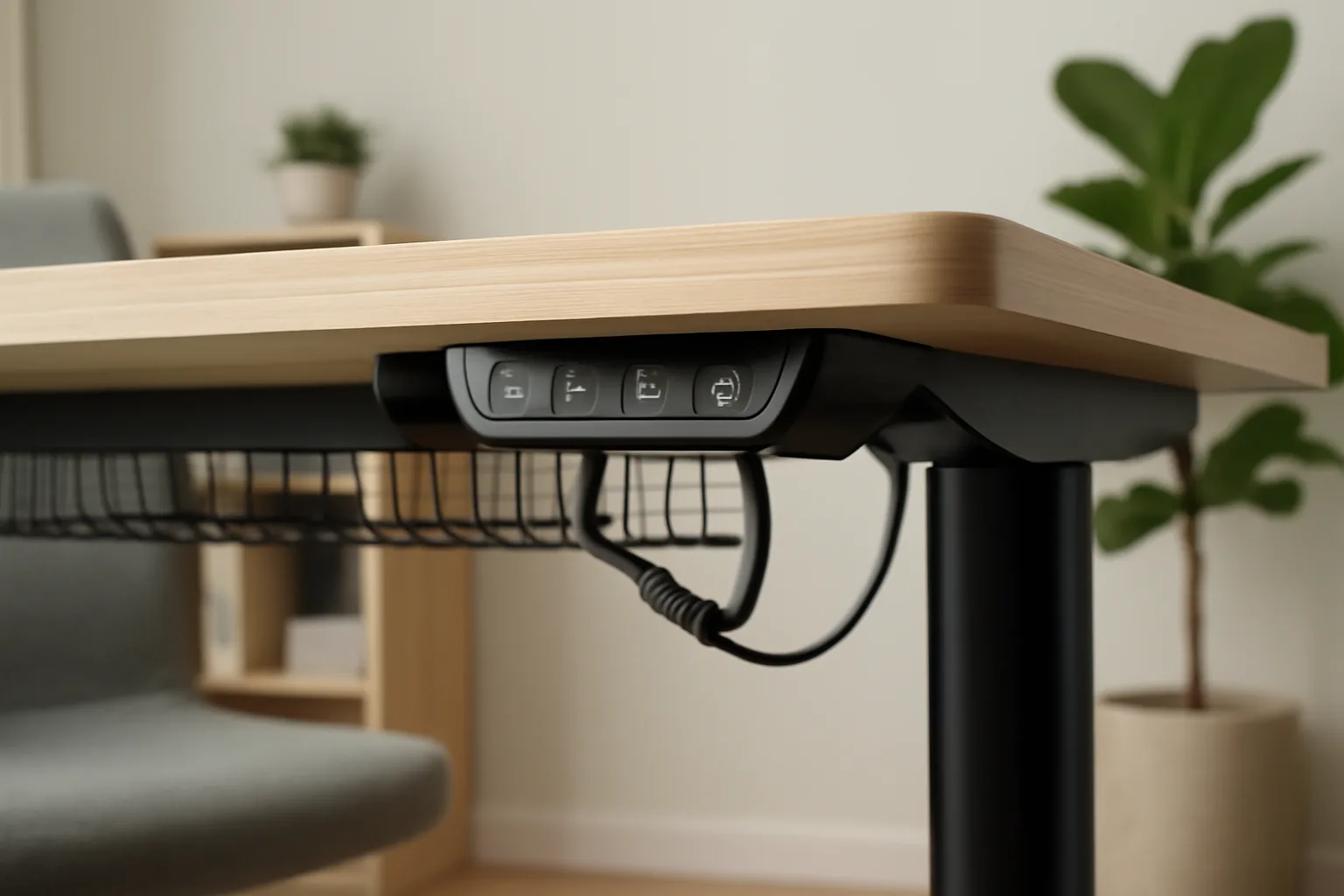 Electric standing desk controls and cable tray detail
