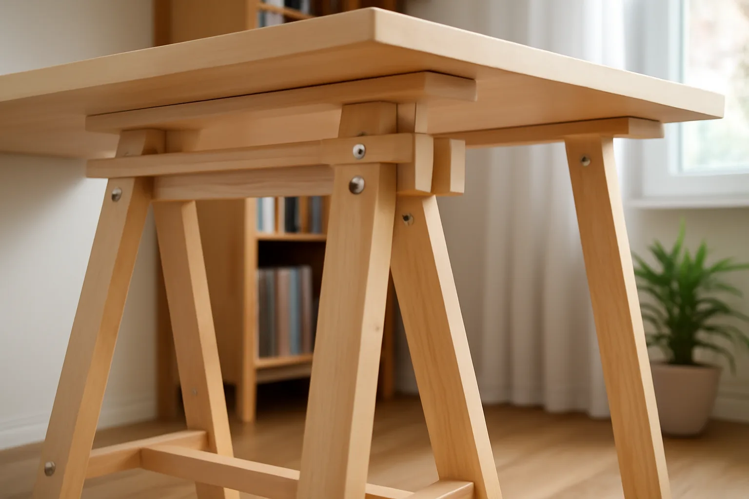 Wooden trestle desk frame under a home office desktop